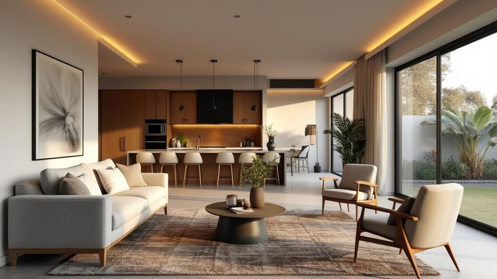 A modern open-concept living room with a kitchen and dining area.