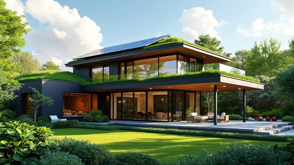 A modern, energy-efficient luxury home with a green roof and solar panels.