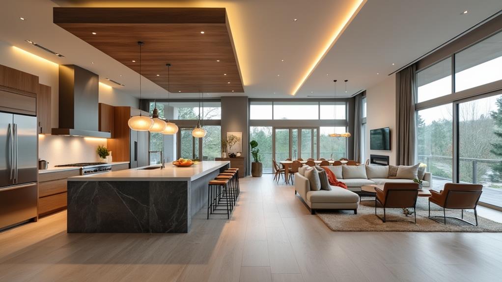 A spacious open-concept living room with a modern kitchen and dining area.