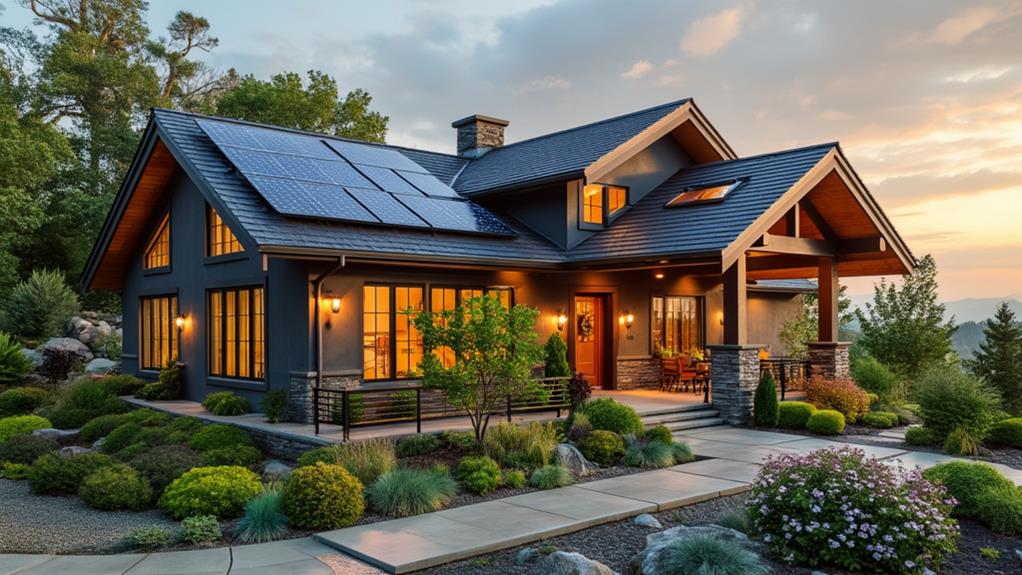 A modern luxury home with solar panels on the roof.